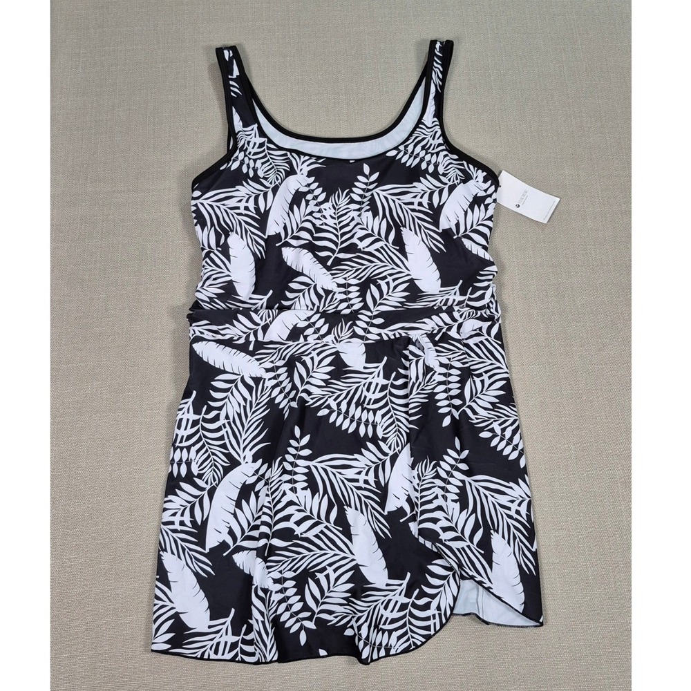 Viaurbe Womens 2XL Swim Dress Black White Tropical Palm Leaf One‎ Piece NWT